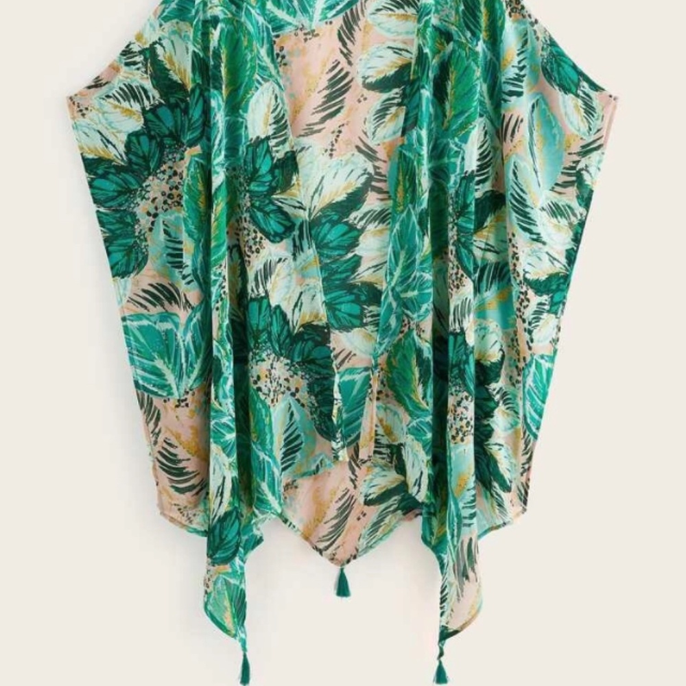 Tropical Asymmetrical Hem Tassel Detail Kimono